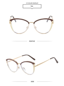 Detail view of tea brown cat eye metal glasses frames with adjustable nose pads