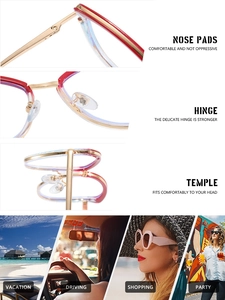 Detail view of cat eye glasses with reinforced hinges and comfortable nose pads