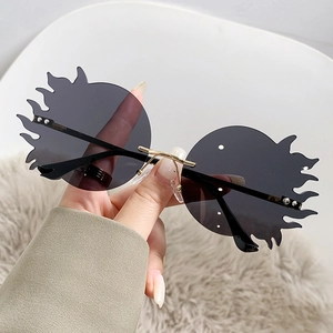Lunettes de soleil sans monture en forme de flamme avec monture en métal doré chic