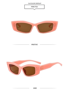 Pink narrow frame sunglasses with brown lenses and metal square rivets front and side views