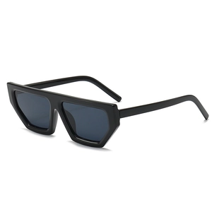 Modern flat top geometric sunglasses with thick black frames and dark grey lenses