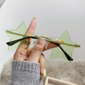 Fashionable rimless star shaped sunglasses with green lenses and golden metal accents