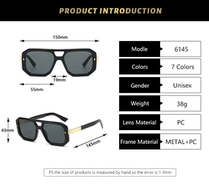 Detailed size specifications for square aviator sunglasses with metal double bridge frame