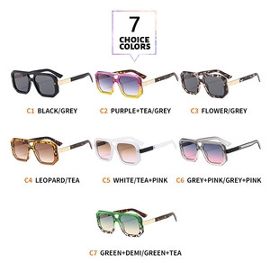 Detail showcasing seven color options for square pilot sunglasses with thick frames