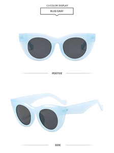 Cat eye sunglasses featuring light blue matte frames and gray lenses in front and side views