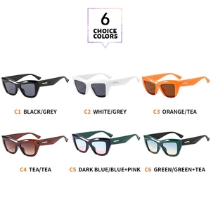 Cat eye sunglasses detail showing six colorful thick frames and assorted gradient lenses