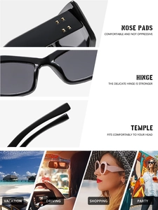 Detailed views of black rectangular sunglasses with reinforced hinges and lifestyle usage