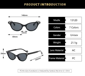 Detailed size chart for triangular sunglasses featuring frame dimensions and AC lens specs