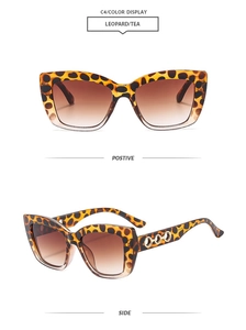 Detailed view of leopard cat-eye sunglasses with tea lenses and gold ring temple hollows