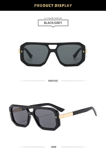 Front and side view of square aviator sunglasses with black frames and gold metal detail