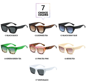 Seven colors of oversized cat eye sunglasses featuring square frames and multi-color lenses