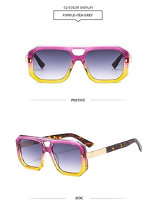 Detail view of square pilot sunglasses with purple gradient frame and metal hinges
