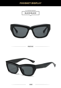 Detailed front and side views of stylish black square frame sunglasses with dark grey lenses
