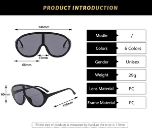 Detailed size specifications of oversized black shield sunglasses with dimensions and weight
