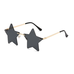 Fashion rimless star shaped sunglasses with dark grey lenses and gold metal temples