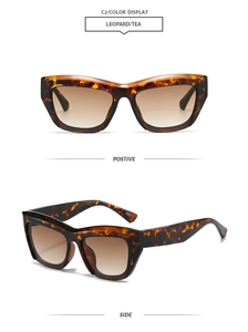 Front and side view of leopard print butterfly sunglasses with brown gradient lenses
