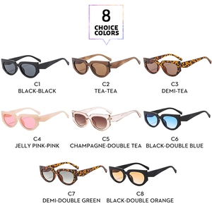Collection of eight retro square cat-eye sunglasses in various colors on white background