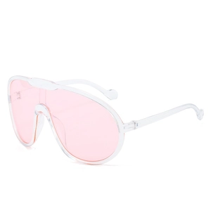 Oversized one-piece pilot sunglasses with pink lenses and transparent frames for women