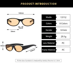 Detailed size chart for retro oval sunglasses showing dimensions 144mm width and PC material