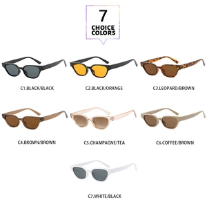 Detailansicht der sieben Farbvarianten der trendigen Retro-Sonnenbrille mit kleinem Rahmen