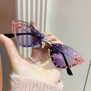 Cat-Eye-Sonnenbrille Für Damen Strass Randlos Metallrahmen Verlaufsgläser UV400 Trendige Brillen