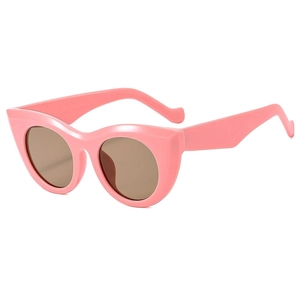 Retro cat-eye sunglasses with pink frames and dark brown round lenses on white background