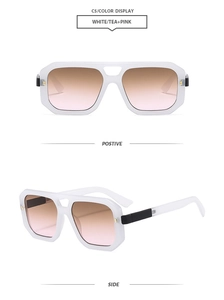 Macro shot of white resin frame sunglasses with tea-pink gradient lenses from multiple angles