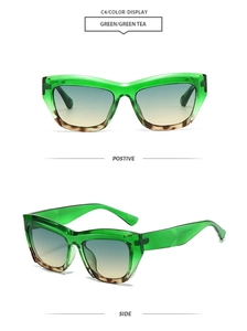 Front and side views of green cat eye sunglasses with tortoiseshell and gradient lenses