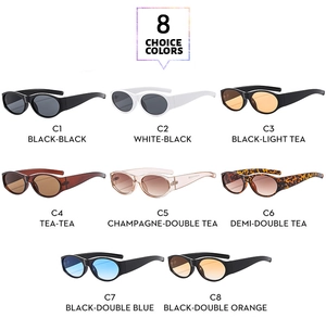Grid display showing eight oval frame sunglasses in various colors like black and tortoiseshell