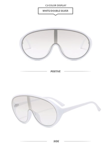 Front and side view of shield sunglasses with white frames and double silver lenses