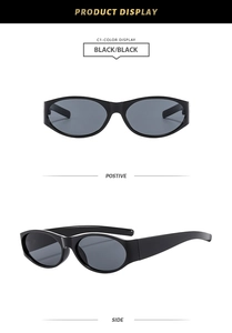 Front and side views of vintage oval black sunglasses with thick premium frames