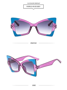 Front and side views of stylish purple and blue butterfly sunglasses with grey lenses