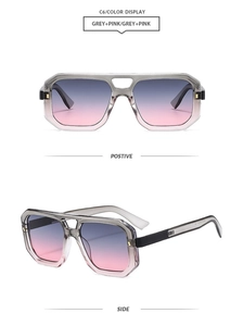 Front and side view of square aviator sunglasses with grey-pink gradient lenses