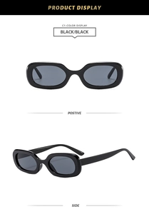 Front and side views of stylish black square sunglasses with dark grey lenses and wide temples