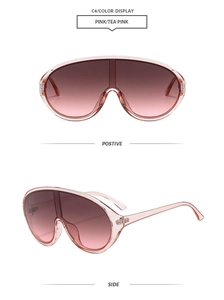 Detailed front and side views of pink gradient oversized shield sports sunglasses
