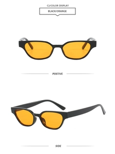 Detaillierte Vorder- und Seitenansicht der schwarzen Sonnenbrille mit orangen Gläsern