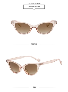 Detailed views of champagne cat eye sunglasses with tea gradient lenses and sleek frame