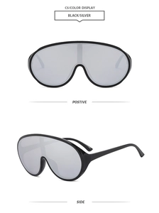 Front and side views of shield style sunglasses with black frame and silver mirror lenses