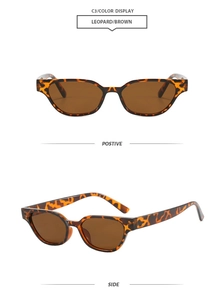 Front- und Seitenansicht der eckigen Sonnenbrille mit Leopardenmuster und braunen Gläsern
