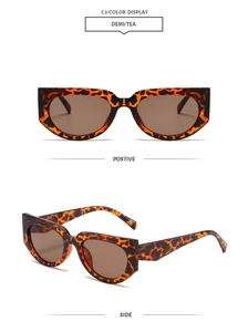 Detailed front and side view of cat eye sunglasses with tortoiseshell pattern and tea lenses