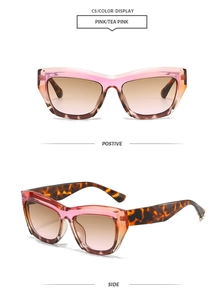 Fashionable square cat-eye sunglasses with transparent pink frames and tortoiseshell temples