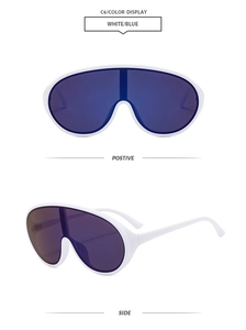 White oversized shield sunglasses with blue polarized lenses and thick temples detail