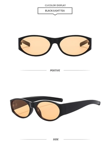 Detail of vintage oval sunglasses with black frames and light amber lenses from two angles