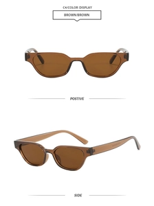 Detailansicht der braunen eckigen Sonnenbrille mit Front- und Seitenprofil des Scharniers