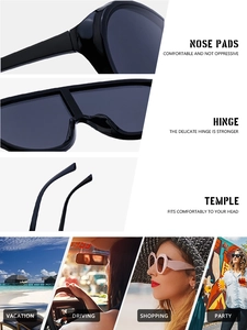 Detail view of large shield frame sunglasses with comfortable nose pads and hinges