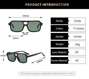 Detailed technical diagram showing dimensions of square double-bridge pilot sunglasses