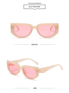 Detailed view of jelly pink cat eye sunglasses showing front and side frame profiles