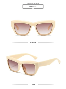 Detailed views of beige square cat-eye sunglasses with tea gradient lenses and thick frame