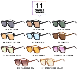 Close-up of 11 stylish color options for square double-bridge pilot sunglasses