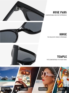 Detail view of reinforced hinges, nose pads, and trendy black triangular sunglasses for parties